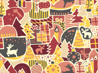 Christmas seamless vector background. Modern holiday pattern for women and girls in pink, yellow, red, gray, beige. Reindeer, elk, Christmas ornaments, gift boxes, trees, candles for wrapping, fabrics