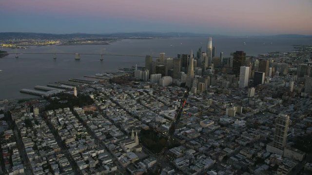 Aerial view Bay Bridge San Francisco night Port