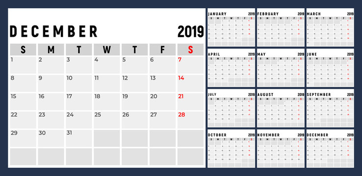 Calendar 2019 week start on Sunday corporate design planner template.