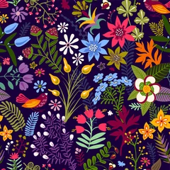 Gordijnen Vector seamless floral pattern. Colorful wallpaper witn flowers, animal,birds. Hand drawn vector illustration for web, wrapping paper, textile, fabric, phone cover © sunny_lion