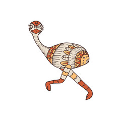 Tribal emu bird running isolated on white background. Cute stylized emu with ethnic ornament.