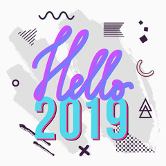 Vector trendy Hello 2019 greeting card with chaotic geometric and brush painted elements. New Year illustration