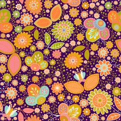 Fototapeten Vector seamless floral pattern. Colorful wallpaper witn flowers, animal,birds. Hand drawn vector illustration for web, wrapping paper, textile, fabric, phone cover © sunny_lion