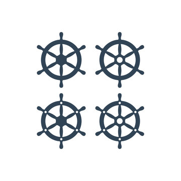 Ship wheel with six handles vector icon. Ship's steering wheel simple icons set.