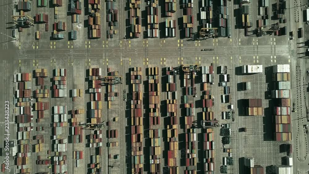 Poster aerial top-down view of busy port container terminal