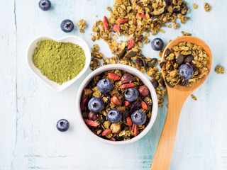 Home made matcha green tea granola in bowl on pastel turquoise background. Oats granola with goji berries, dried fruit, seeds and nuts. Healthy breakfast concept