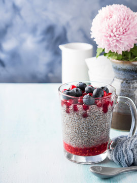 Almond milk chia pudding with fresh blueberries in a glass mug. Plant based breakfast