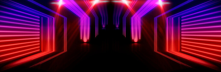 Background of an empty room at night with smoke and neon light. Dark abstract background. Background of an empty show scene. 