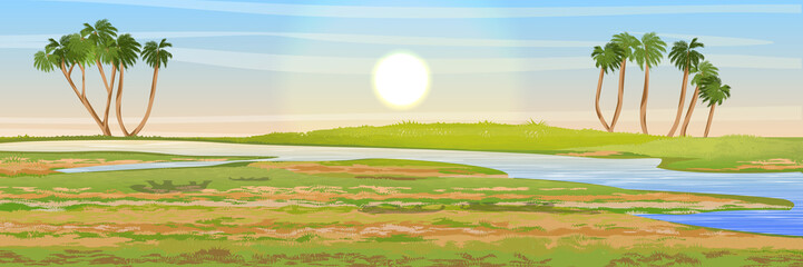 Obraz na płótnie Canvas African savannah. The river valley, watering place. Doum palm trees. Realistic vector landscape. The nature of Africa. Reserves and national parks.