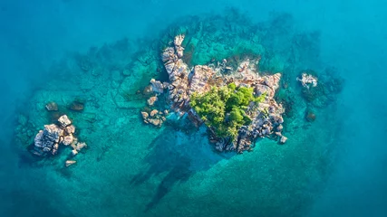 Foto auf Acrylglas Luftaufnahme Strand Tropische Insel mit Meer und Palmen von der Drohne genommen. Luftbild der Seychellen. Insel St. Pierre