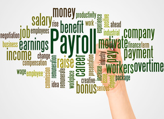Payroll word cloud and hand with marker concept