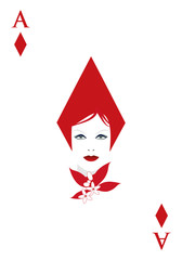 Ace of diamonds with a woman's face adorned with flowers and leaves