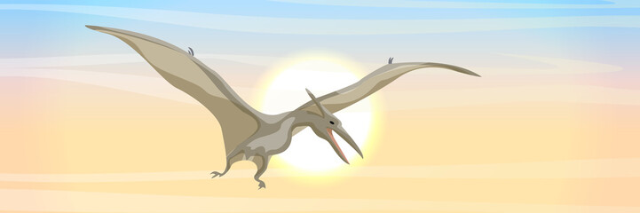 Flying reptile pteranodon in the sky. Prehistoric animals and plants. Vector landscape of the Mesozoic era. Pterodactyl © AnnstasAg