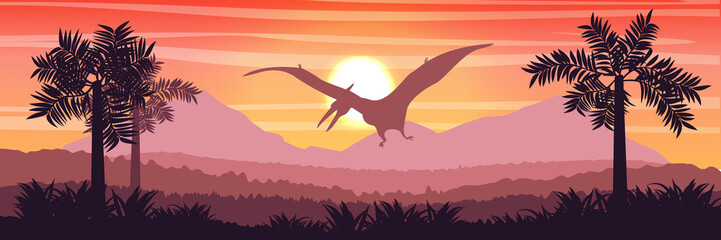 Flying reptile pteranodon in the sky above the valley and mountains Prehistoric animals and plants ferns. Vector landscape of the Mesozoic era. Pterodactyl. Silhouette © AnnstasAg