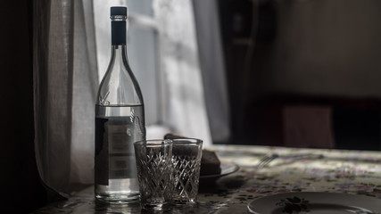 bottle and glasses vodka