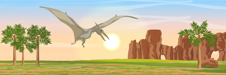 Flying reptile Pteranodon in the sky above the valley and stony rocks. Prehistoric animals and plants. Vector landscape of the Mesozoic era. Pterodactyl