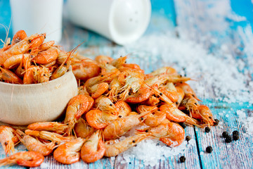 Boiled shrimp with sea salt, healthy snack