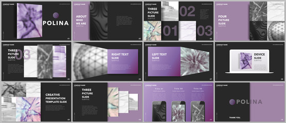 Minimal presentations design, portfolio vector templates with elements on black background. Multipurpose template for presentation slide, flyer leaflet, brochure cover, report, marketing, advertising.