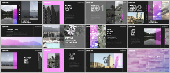 Travel concept presentations design, portfolio vector templates with graphic elements on black. Multipurpose template for presentation slide, flyer leaflet, brochure cover, report, advertising.