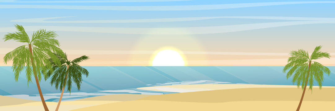 Island in the ocean, a sandy beach and coconut trees. Waves, sea, sea foam. Summer seaside vacation and travel. Vector landscape.