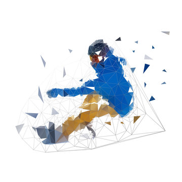 Snowboarding, Low Polygonal Snowboard Rider In Blue Jacket, Isolated Vector Geometric Illustration