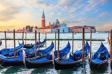 Gondolas mooring and San Giorgio Maggiore view, Venice, Italy