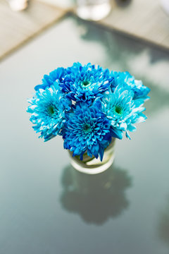 bouquet of flowers in glass vase on blue background