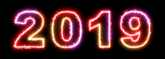 2019 new year - colorful glowing outline symbol on dark background