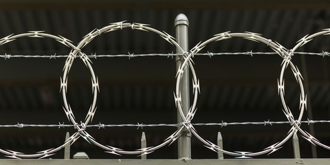Close-up of barbed wire fencing, New York City, New York State, USA