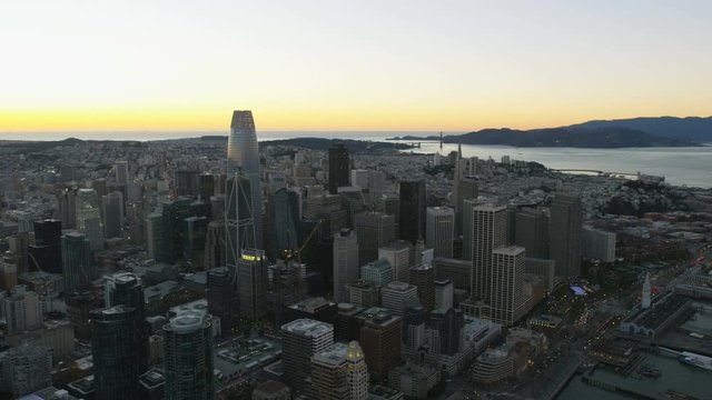Aerial sunset view Port of San Francisco skyscrapers