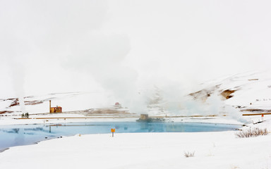 Snowy landscape of The Blue Lake, Myvatn Geothermal Area, Iceland