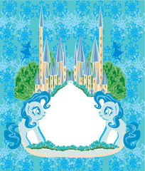 Cute unicorns and fairy-tale princess castle frame © diavolessa