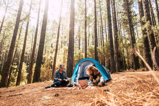 two different ages woman in free camping together in the pines forest eating a sandwich - freedom and independence for adult people - alternative office for freelance writer blogger photographer