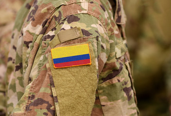 Colombia flag on soldiers arm. Republic of Colombia troops (collage)