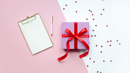 Pink gift box.Flat lay with copy space.