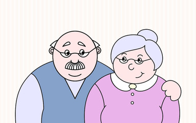 Embracing grandfather and grandmother family couple portrait illustration. Elder silver haired people. Two old persons man & woman at home interior. Flat style vector 