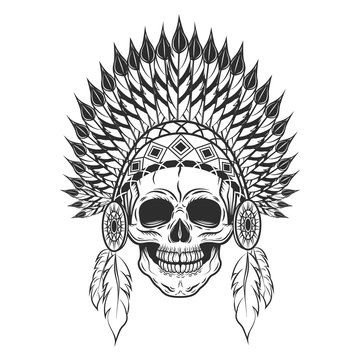 Skull in indian headwear with feather. Vector illustration in monochrome style
