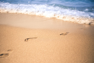 Fototapeta na wymiar Footprint in a beach sand from sea.