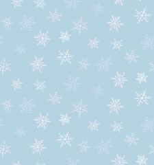 Seamless pattern sketches of snowflakes on a blue background.