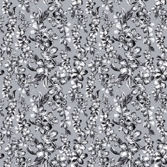 Hand drawn charcoal pencil illustration flowers of the pulm blossoms in vintage style on a gray background. Beutiful seamless pattern in graphic style.