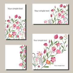 Floral spring templates with flowers. For romantic and easter spring design, announcements, greeting cards, posters, advertisement.