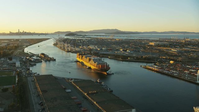 Aerial view Oakland Harbor container ship San Francisco