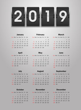 Calendar 2019 year. Week starts from Sunday