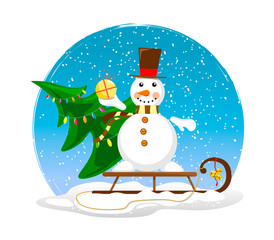 Cute snowman on a sled with a decorated Christmas tree and a gift in his hand. Holiday illustration with a snowman.
