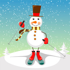 Bright and cheerful snowman on skis. Festive illustration with smiling snowman.