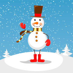 Cute and conceptual snowman with a scarf, pellets and boots on a snowy hill. Holiday illustration with a snowman.