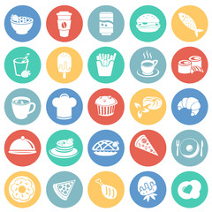 Fototapeta premium Food and drinks set on color circles background icons