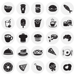 Food and drinks set on circles background icons