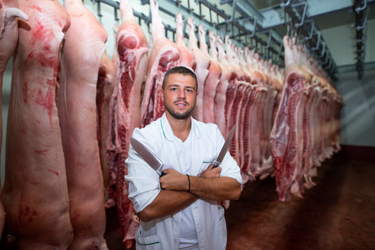 Portrait of professional industry worker in white suit holding pair of knives. Butcher standing in cold storage by raw pork meat.