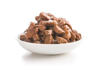 Meal for dog or cat. Canned meat with sauce.
